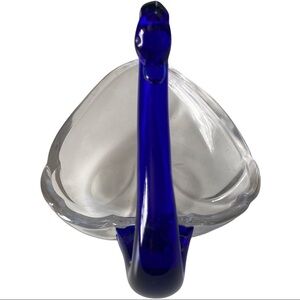 Beautiful Cobalt Blue Glass Swan & Transparent Glass Soap Candy Dish 9” L 5” H